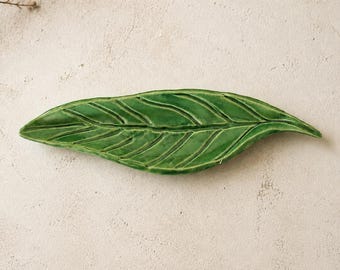 Handmade Ceramic Leaf Dish, Green Trinket Tray, Botanical Dish, Nature Inspired Pottery