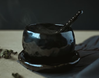 Handmade Black Ceramic Tea Cup with Plate | Wabi-Sabi Tea Bowl
