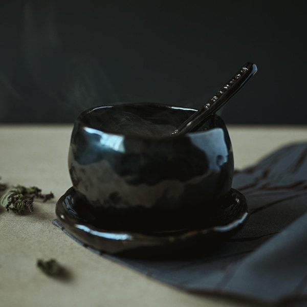 Handmade Black Ceramic Tea Cup with Plate | Wabi-Sabi Tea Bowl