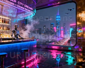 Cyberpunk Cityscape Print – Futuristic Robot Bartender Art (Digital Download)