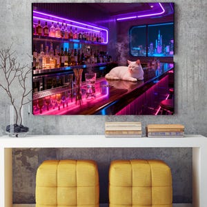 May include: A digital art print of a bar scene with a white cat lounging on the counter. The bar is lit with neon purple and blue lights, and a cityscape is visible through a window. Bottles line the shelves.