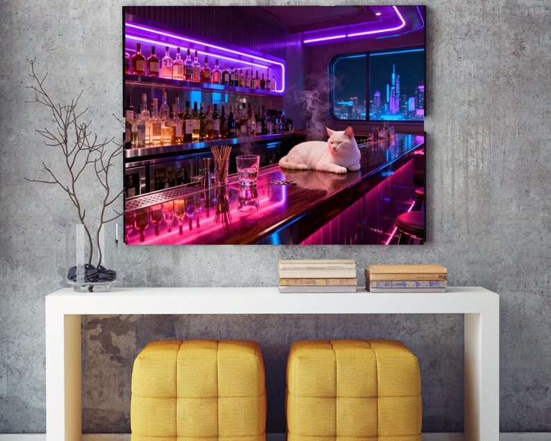 May include: A digital art print of a bar scene with a white cat lounging on the counter. The bar is lit with neon purple and blue lights, and a cityscape is visible through a window. Bottles line the shelves.