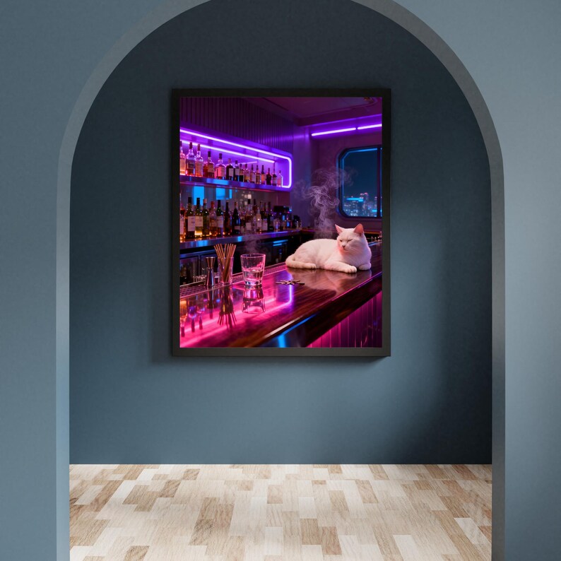May include: A framed image depicts a white cat lounging on a bar. The bar is illuminated with neon purple and blue lights, with bottles and glasses visible. Smoke drifts near the cat, and a city skyline is seen through a window.