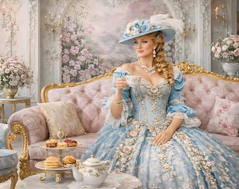 Victorian Lady Tea Party Art Print, Elegant Feminine Decor (Digital Download)