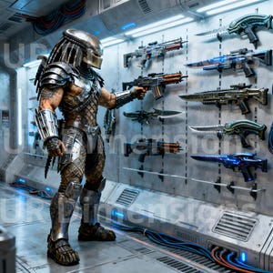 Könnte beinhalten: Ein detailliertes Bild eines Predator-Charakters in futuristischer Umgebung, der vor einer Wand mit verschiedenen futuristischen Waffen steht. Der Charakter ist mit metallischer Rüstung, einem Helm und Dreadlocks bekleidet. Die Waffen umfassen Gewehre und Klingen.