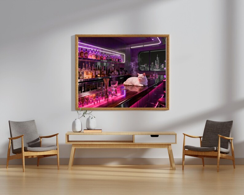 May include: A framed print of a bar scene with a white cat resting on the counter. The bar is illuminated with neon pink and purple lights, and bottles line the shelves. A city skyline is visible through a window.