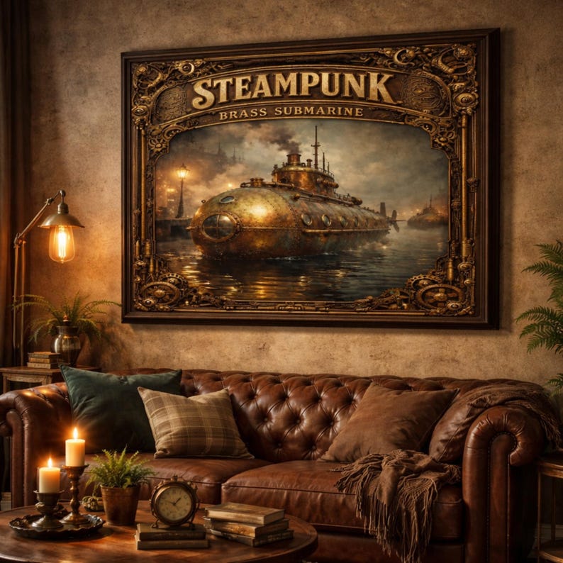 Steampunk Brass Submarine Art Print – Vintage Nautical Illustration ...