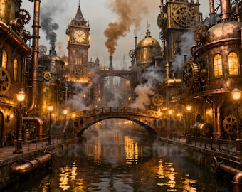 Brass Clockwork Steampunk Cityscape – Industrial Canal Art (Digital Download)