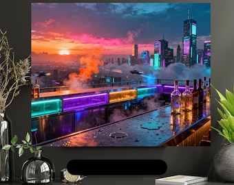 Cyberpunk Cityscape Art – Neon Rooftop Bar, Sunset View (JPG)