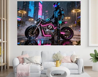 Cyberpunk Poster – Urban Art – Futuristic Motorcycle Rider – Neon City Wall Decor Digital Download