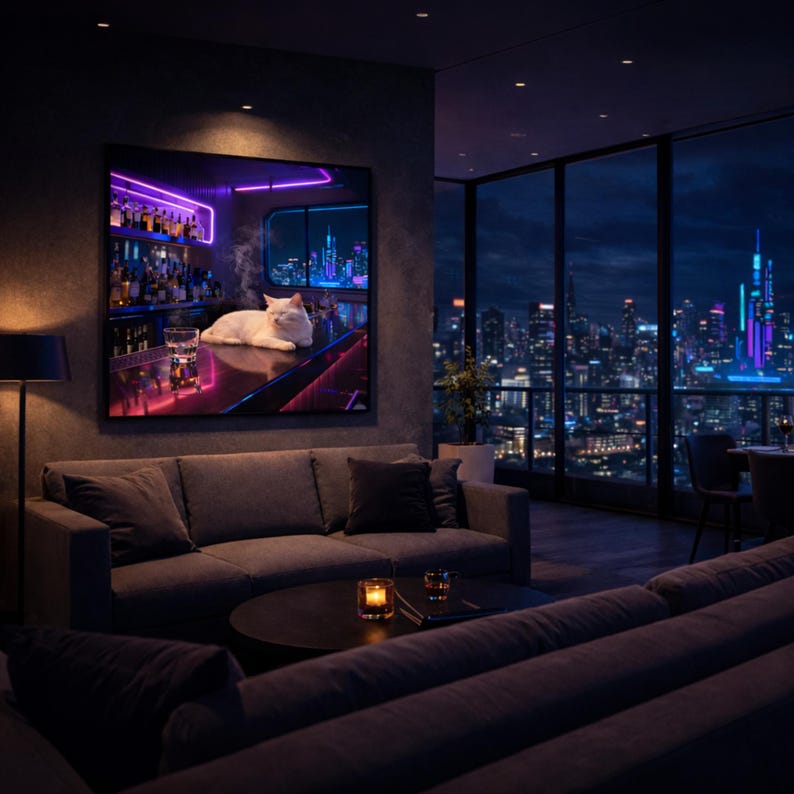 Cyberpunk Cat Art Print | Neon Bar, Sci-Fi Lounge (Digital Download) image 5