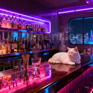 May include: A white cat lounges on a bar in a neon-lit setting. The bar is stocked with bottles of liquor and glassware. The scene is illuminated with purple and pink lights, with a cityscape visible through a window.