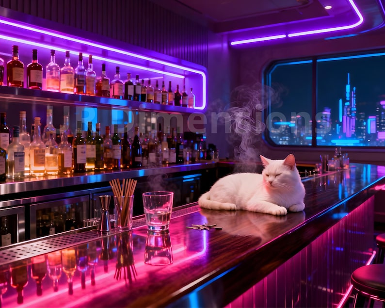 May include: A white cat lounges on a bar in a neon-lit setting. The bar is stocked with bottles of liquor and glassware. The scene is illuminated with purple and pink lights, with a cityscape visible through a window.