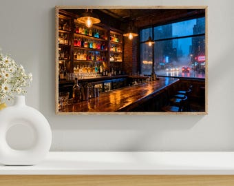 Cyberpunk Bar Art Print – Rainy City Night, Neon Interior (Digital Download)