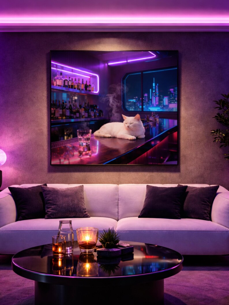 Cyberpunk Cat Art Print | Neon Bar, Sci-Fi Lounge (Digital Download) image 2