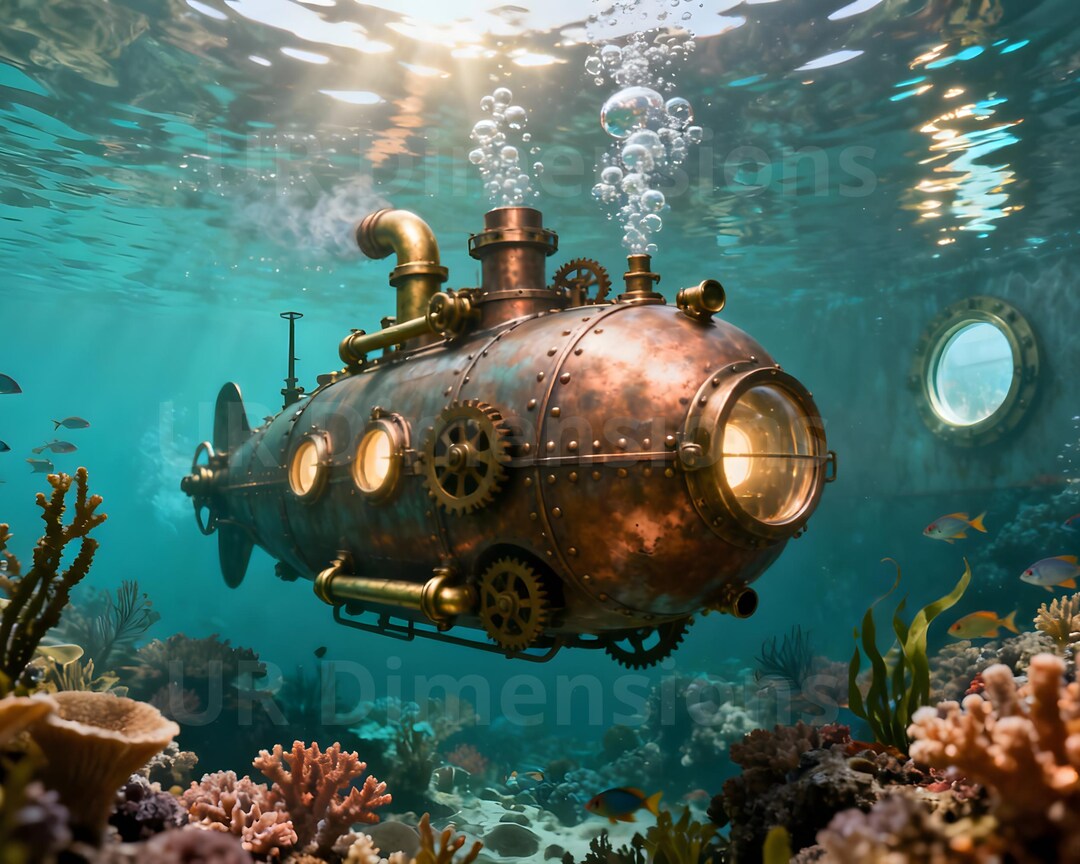 Steampunk Submarine Art Print – Brass Mechanical Illustration (digital ...
