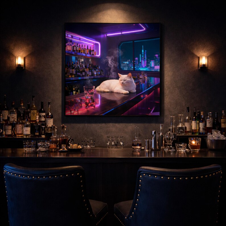 Cyberpunk Cat Art Print | Neon Bar, Sci-Fi Lounge (Digital Download) image 3