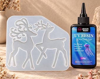 Christmas Reindeer Silicone Mold, 2 Designs, UV Resin Craft (Optional 100g Resin)