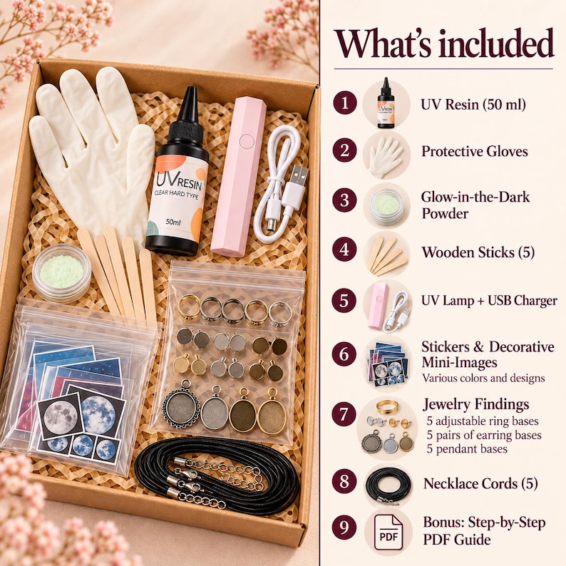 May include: A UV resin craft kit in a cardboard box containing a 50ml bottle of resin, white protective gloves, a pink UV lamp with a USB cable, five wooden sticks, glow-in-the-dark powder, jewelry findings, necklace cords, and stickers.