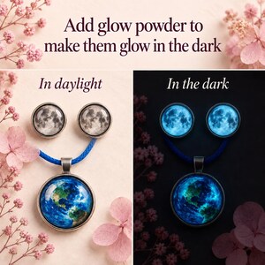 May include: A jewelry set featuring two circular moon-themed stud earrings and a circular Earth-themed pendant on a blue cord. The text reads: Add glow powder to make them glow in the dark, In daylight, In the dark. The items emit a blue light.