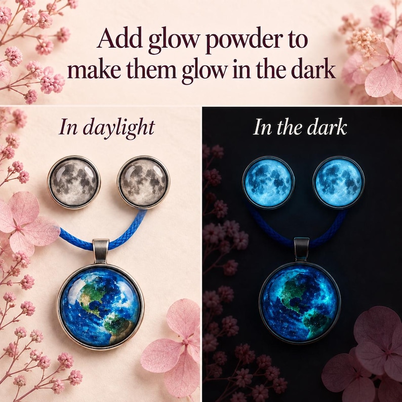 May include: A jewelry set featuring two circular moon-themed stud earrings and a circular Earth-themed pendant on a blue cord. The text reads: Add glow powder to make them glow in the dark, In daylight, In the dark. The items emit a blue light.