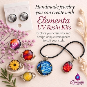 May include: A collection of round jewelry pieces including earrings, rings, and a pendant on a black cord. The items feature various designs such as a moon, a yellow flower, a starry night painting, and abstract patterns with red, orange, and purple hues.