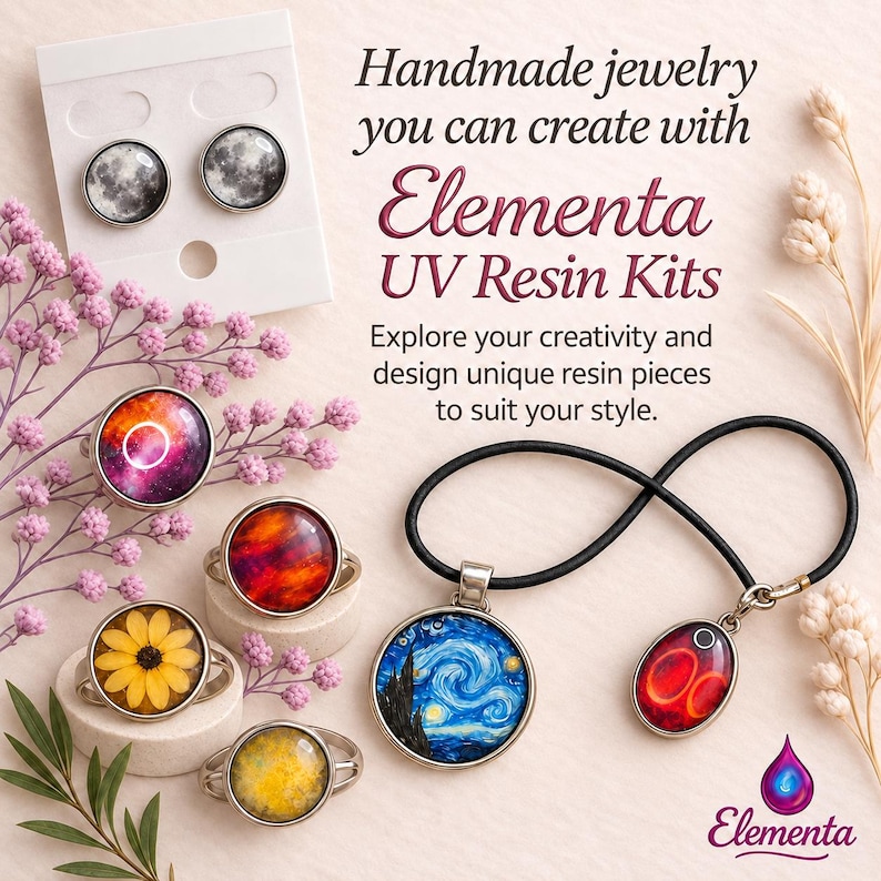 May include: A collection of round jewelry pieces including earrings, rings, and a pendant on a black cord. The items feature various designs such as a moon, a yellow flower, a starry night painting, and abstract patterns with red, orange, and purple hues.