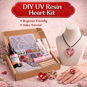 May include: A DIY UV Resin Heart Kit in a cardboard box, with molds, resin, glitter, and a UV light. The kit includes a heart pendant on a necklace and a heart-shaped ring. The text on the box reads "DIY UV Resin Heart Kit".