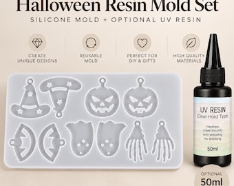 Halloween Silicone Resin Mold Set, Jack-o'-lantern, Witch Hat, Skeleton Hands (Optional 50ml UV Resin)