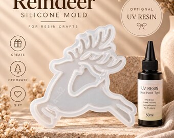 Reindeer Silicone Mold for Resin Crafts, Christmas Ornament Making (Optional UV Resin 50ml)