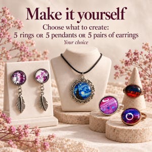 May include: A jewelry making kit display featuring the text Make it yourself, Choose what to create: 5 rings or 5 pendants or 5 pairs of earrings, Your choice. Includes silver-toned earrings with feather charms, a pendant, and three rings.