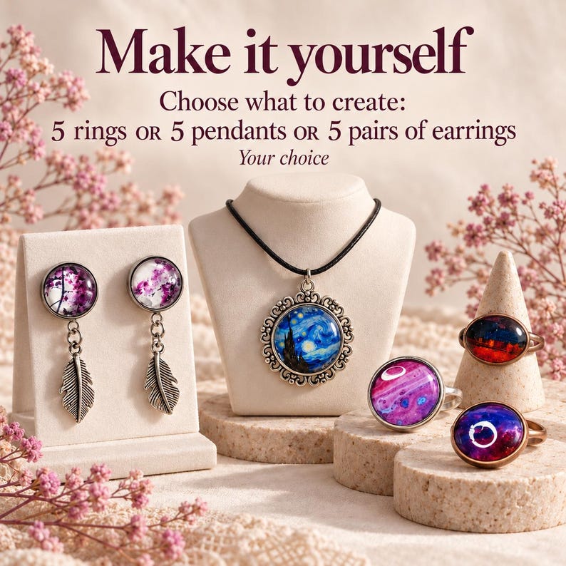 May include: A jewelry making kit display featuring the text Make it yourself, Choose what to create: 5 rings or 5 pendants or 5 pairs of earrings, Your choice. Includes silver-toned earrings with feather charms, a pendant, and three rings.