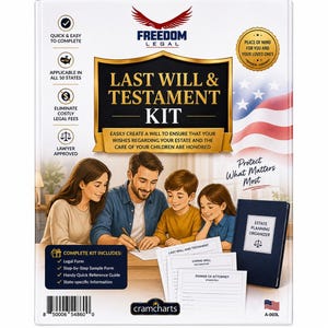 May include: A Freedom Legal Last Will & Testament Kit featuring a white cover with a red, white, and blue American flag graphic. The kit includes an estate planning organizer, legal forms, and documents for a living will and power of attorney.