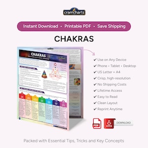 May include: A printable PDF chart titled "CHAKRAS" with detailed information on chakras, including diagrams and text. The chart is designed for instant download and is available in US Letter and A4 sizes. It includes the text "Packed with Essential Tips, Tricks and Key Concepts."