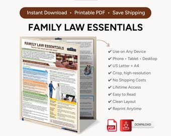 May include: A white and beige printable PDF titled "Family Law Essentials" with the text "Protecting What Matters Most." The document includes information on family law topics. The image also includes a download button and a list of features.