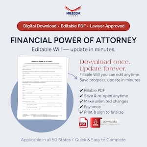 Puede incluir: Gráfico de descarga digital con el texto "FINANCIAL POWER OF ATTORNEY" y "Editable Will - update in minutes." La imagen incluye un formulario de muestra y enumera características como "PDF rellenable" e "Imprimir y firmar para finalizar."