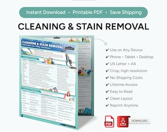 May include: A printable PDF titled "CLEANING & STAIN REMOVAL" with tips and tricks for cleaning. The chart includes a list of cleaning techniques and fundamentals. The chart is designed for use on any device and is available in US Letter and A4 sizes.