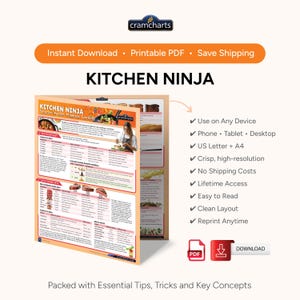 May include: A printable PDF titled "KITCHEN NINJA" with cooking tips and tricks. The image shows a woman cooking, and the text includes "Use on Any Device", "US Letter + A4", and "Easy to Read".