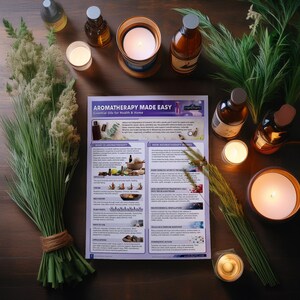 Puede incluir: Vista a&eacute;rea de elementos de aromaterapia sobre una superficie de madera. La imagen incluye botellas de aceites esenciales, velas encendidas y un p&oacute;ster titulado "Aromaterapia f&aacute;cil". Tambi&eacute;n hay manojos de hierba verde y flores secas, creando una est&eacute;tica natural y de spa.