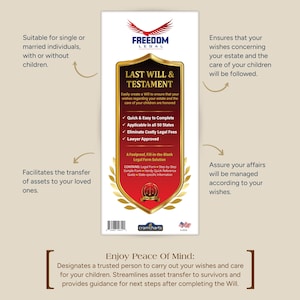 May include: A legal form titled "Last Will & Testament" with a red and gold design. The form promises quick completion, applicability in all 50 states, and lawyer approval. The text also mentions a step-by-step guide and state-specific information.