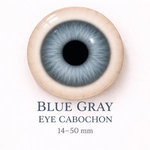 May include: A detailed image of a blue-gray eye cabochon with a black pupil. The eye has a light-colored, slightly translucent outer ring. Text below reads "BLUE GRAY EYE CABOCHON 14-50 mm".