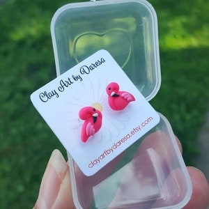 Pink Flamingo stud earrings polymer clay tiny earrings image 5