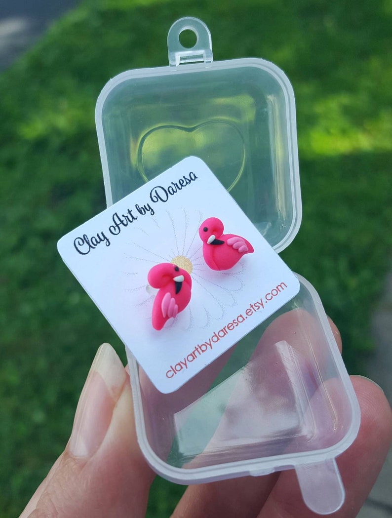 Pink Flamingo stud earrings polymer clay tiny earrings image 5