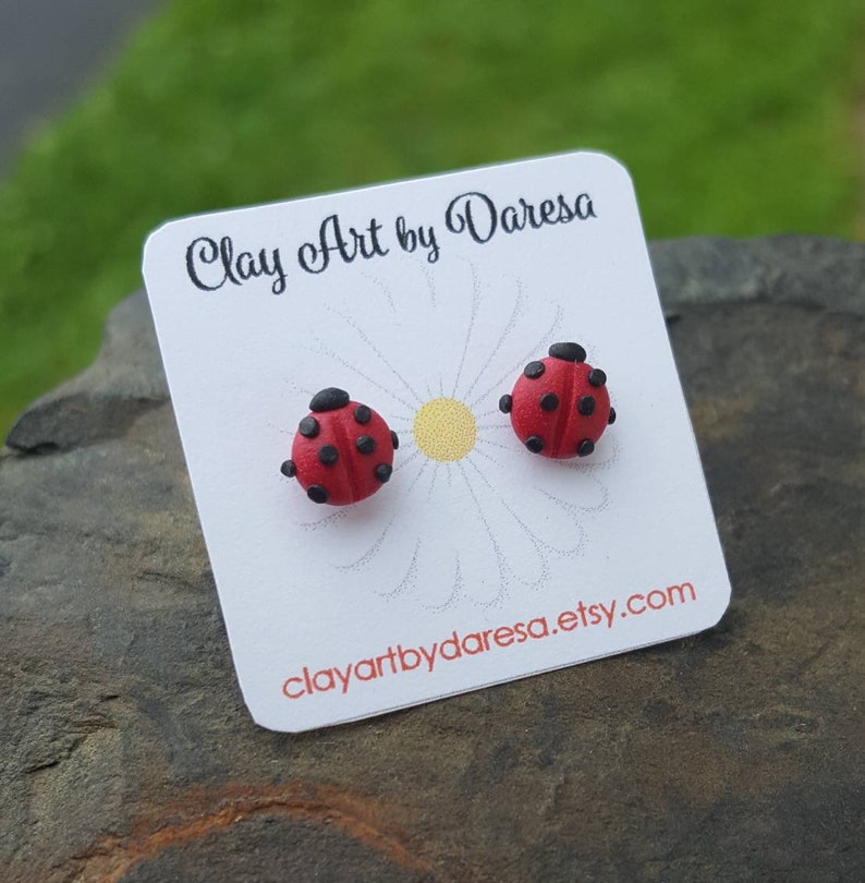 Ladybugs and Daisies stud earrings, polymer clay, dainty earrings, hypoallergenic, invisible posts, Mix and Match earrings 1 pair Ladybug studs