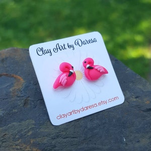 Pink Flamingo stud earrings polymer clay tiny earrings image 1