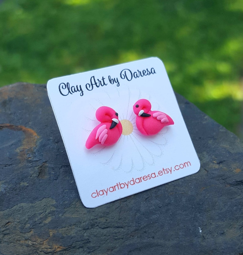 Pink Flamingo stud earrings polymer clay tiny earrings image 1