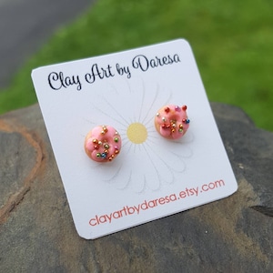 Tiny donut stud earrings, polymer clay, dainty earrings, hypoallergenic. image 1