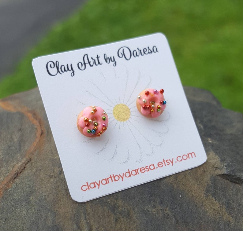Tiny donut stud earrings, polymer clay, dainty earrings, hypoallergenic. image 1