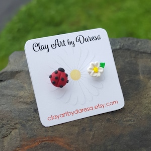 Ladybugs and Daisies stud earrings, polymer clay, dainty earrings, hypoallergenic, invisible posts, Mix and Match earrings image 1