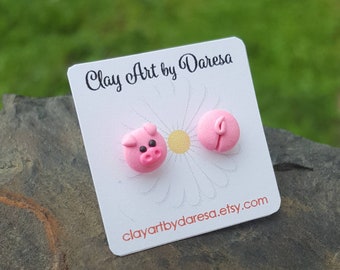 Pig stud earrings polymer clay hypoallergenic invisible posts sensitive ears Pig face Pig Butt Mix and Match earrings gift